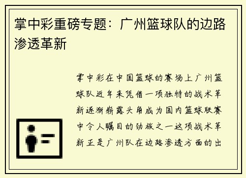 掌中彩重磅专题：广州篮球队的边路渗透革新