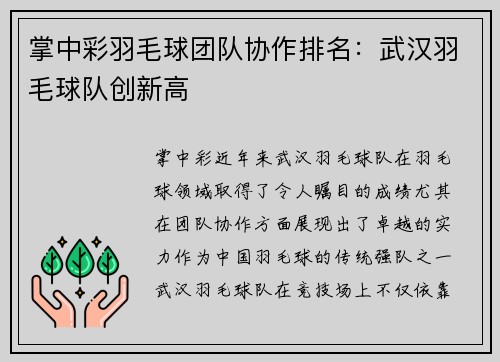 掌中彩羽毛球团队协作排名：武汉羽毛球队创新高
