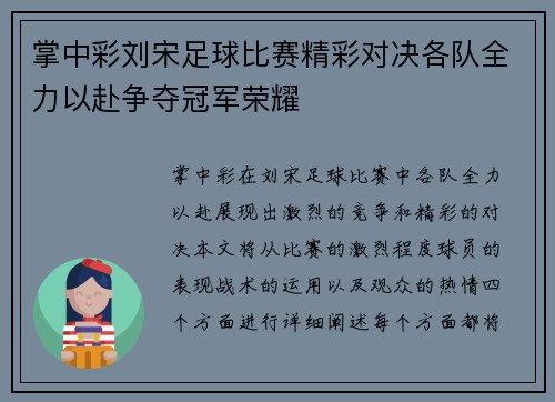 掌中彩刘宋足球比赛精彩对决各队全力以赴争夺冠军荣耀