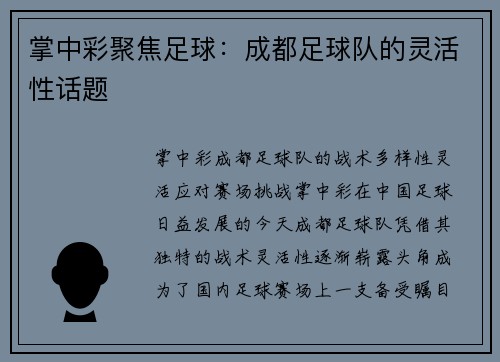 掌中彩聚焦足球：成都足球队的灵活性话题