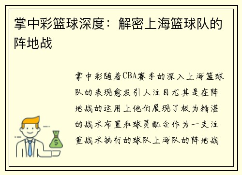 掌中彩篮球深度：解密上海篮球队的阵地战