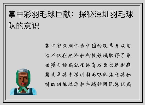 掌中彩羽毛球巨献：探秘深圳羽毛球队的意识