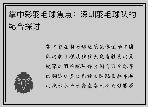 掌中彩羽毛球焦点：深圳羽毛球队的配合探讨