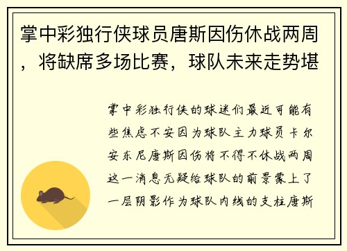掌中彩独行侠球员唐斯因伤休战两周，将缺席多场比赛，球队未来走势堪忧