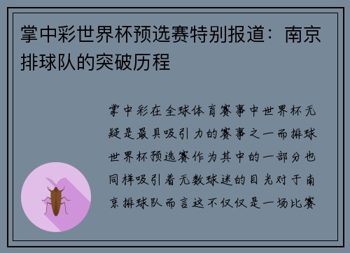 掌中彩世界杯预选赛特别报道：南京排球队的突破历程
