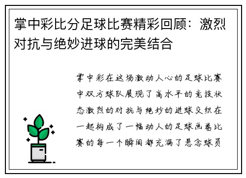 掌中彩比分足球比赛精彩回顾：激烈对抗与绝妙进球的完美结合
