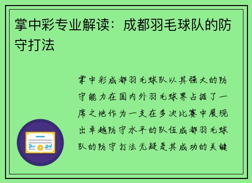 掌中彩专业解读：成都羽毛球队的防守打法