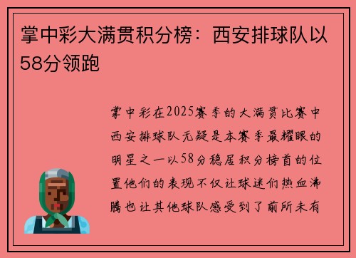 掌中彩大满贯积分榜：西安排球队以58分领跑