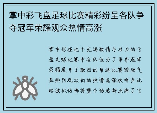 掌中彩飞盘足球比赛精彩纷呈各队争夺冠军荣耀观众热情高涨