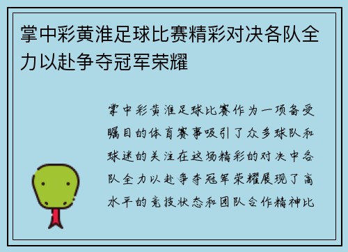 掌中彩黄淮足球比赛精彩对决各队全力以赴争夺冠军荣耀