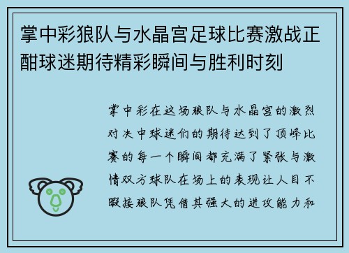 掌中彩狼队与水晶宫足球比赛激战正酣球迷期待精彩瞬间与胜利时刻