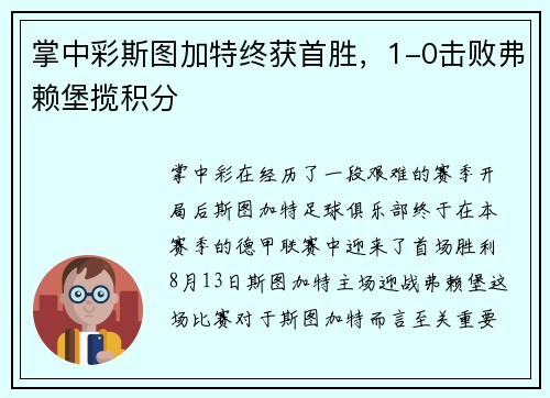 掌中彩斯图加特终获首胜，1-0击败弗赖堡揽积分