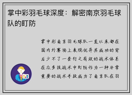 掌中彩羽毛球深度：解密南京羽毛球队的盯防