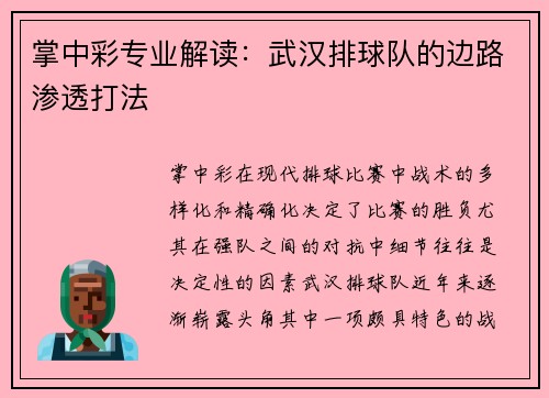 掌中彩专业解读：武汉排球队的边路渗透打法